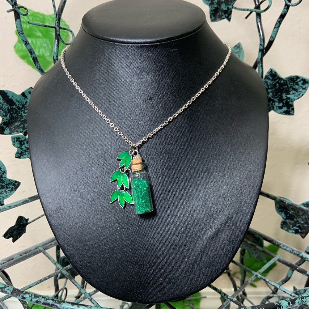 Green Leaves Fairy Glitter Jar Necklace New